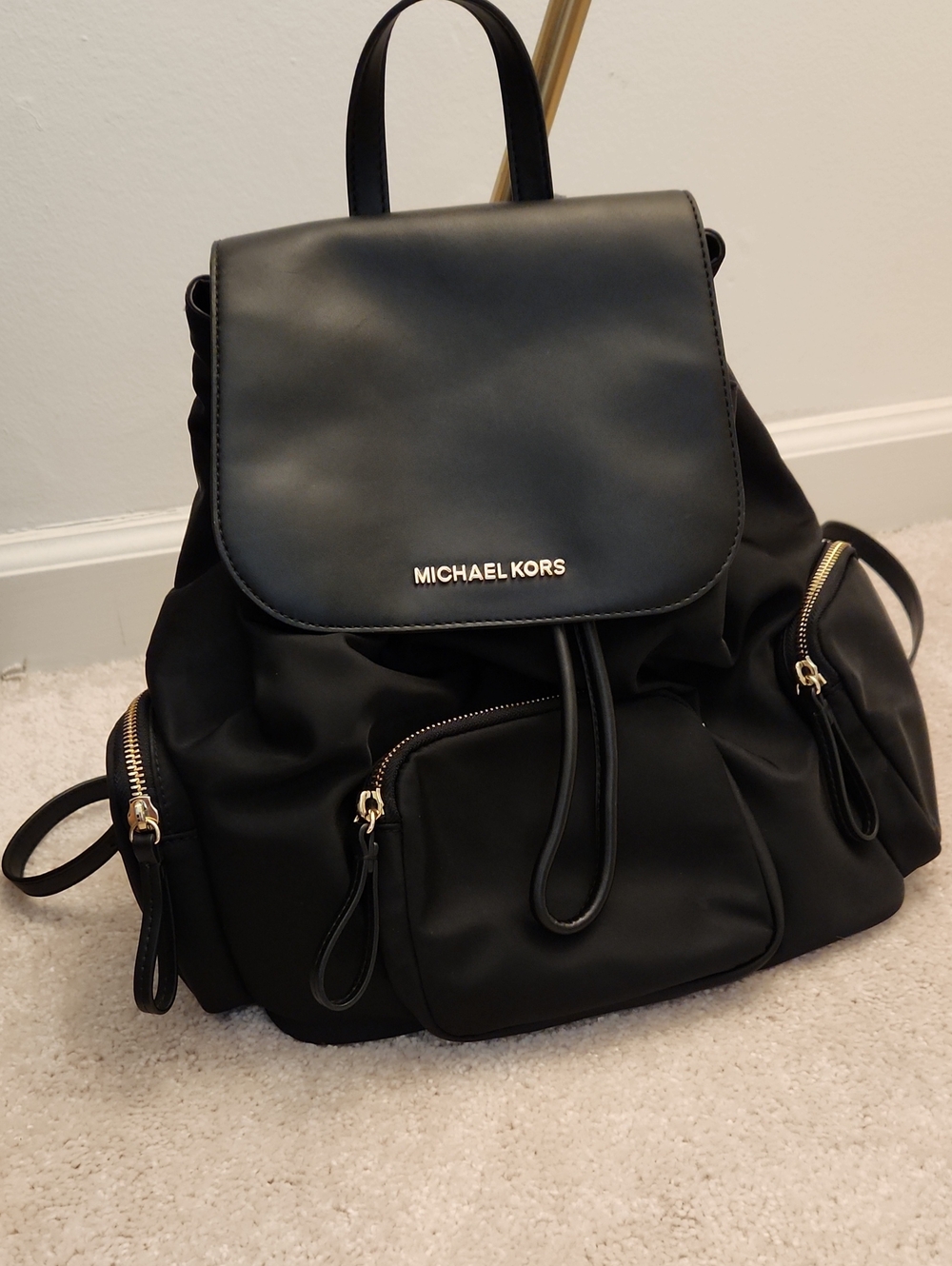 Michael Kors Black Nylon & Leather Drawstring Backpack with Gold Hardware